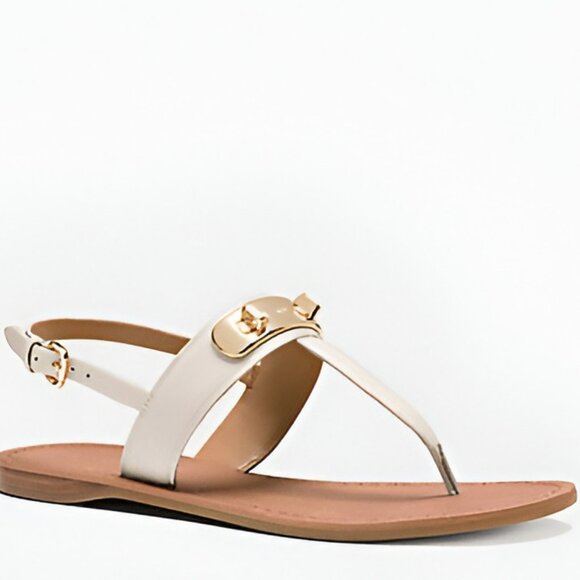Coach White Leather Gold Metal Logo Thong Slip-On Buckle Slingback Sandals 8.5